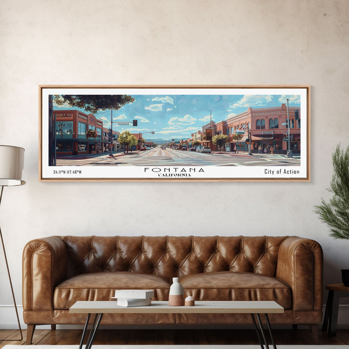 Fontana California Panoramic Watercolor Painting, Scenic Framed Canvas Print, Urban Wall Art for Living Room, Travel Poster, Home Decor, City Gift Idea
