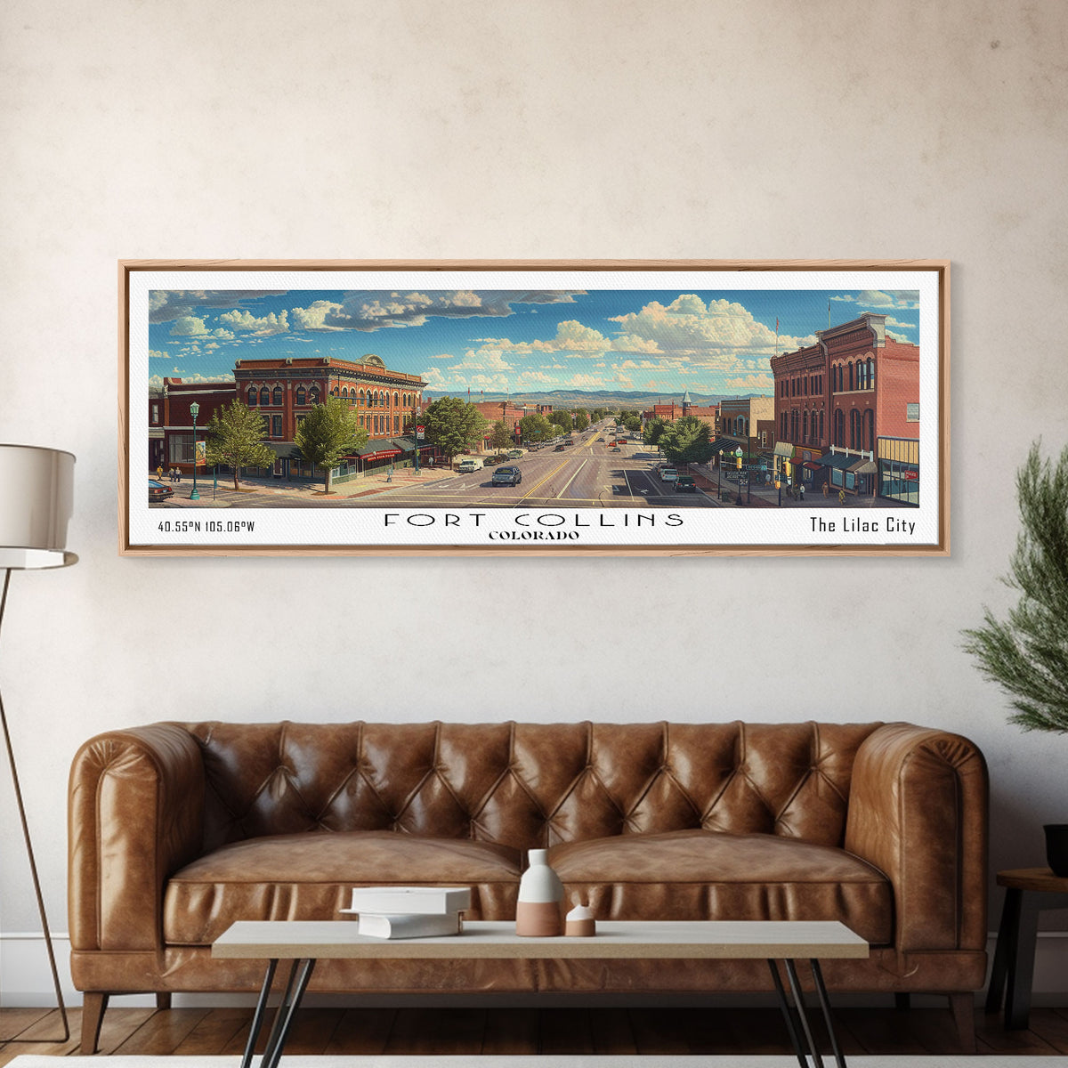 Fort Collins Colorado Panoramic Watercolor Painting, Scenic Framed Canvas Print, Urban Wall Art for Office, Travel Decor, City Print, Gift Idea