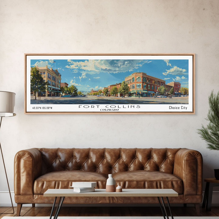 Fort Collins Colorado Panoramic Watercolor Painting, Scenic Framed Canvas Print, Urban Wall Art for Office, Travel Decor, City Print, Gift Idea