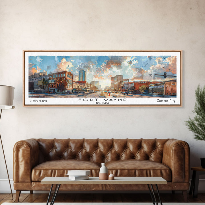 Fort Wayne Indiana Panoramic Watercolor Painting, Urban Framed Canvas Print, Cityscape Wall Art for Living Room, Travel Decor, Home Gift Idea