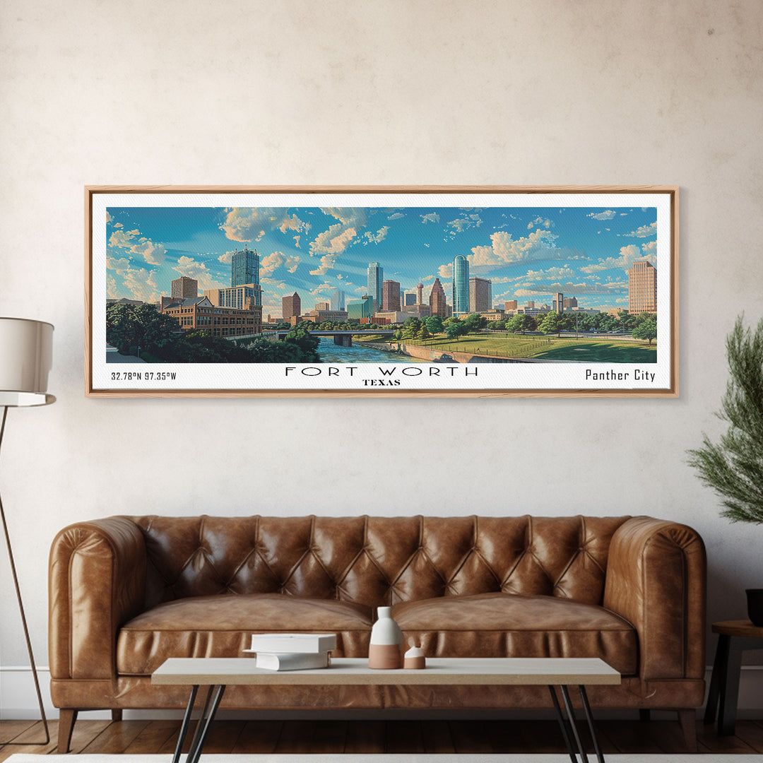 Fort Worth Texas Panoramic Watercolor Painting, Urban Framed Canvas Print, Cityscape Wall Art for Living Room, Travel Decor, Office Art, Gift Idea