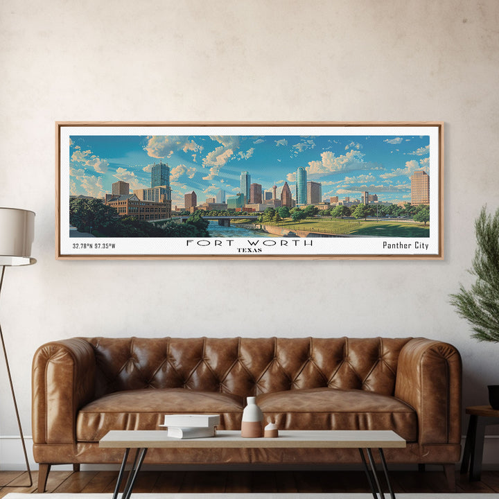 Fort Worth Texas Panoramic Watercolor Painting, Urban Framed Canvas Print, Cityscape Wall Art for Living Room, Travel Decor, Office Art, Gift Idea