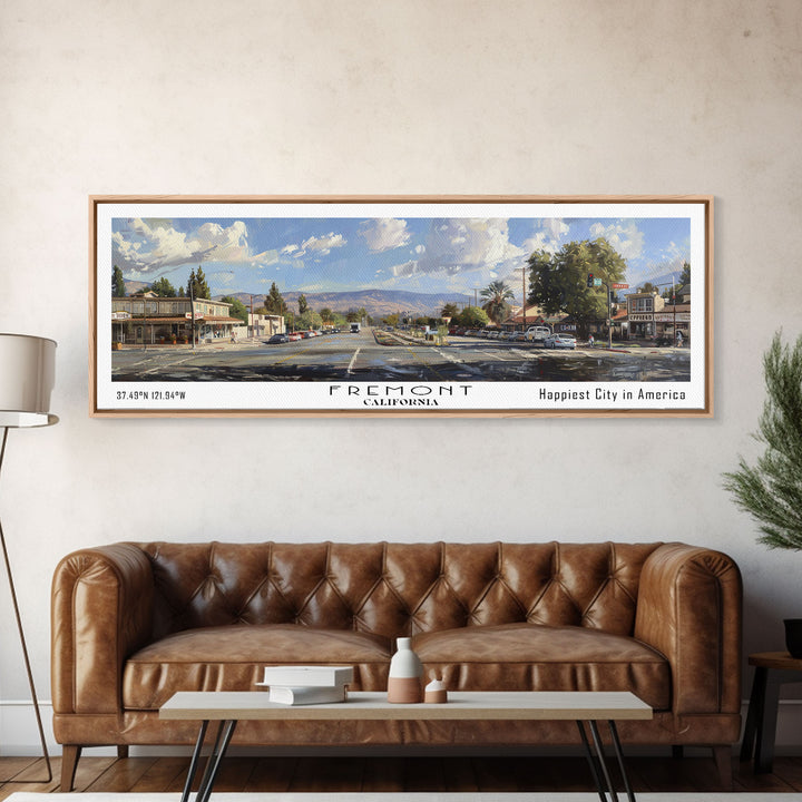 Fremont California Panoramic Watercolor Painting, Scenic Framed Canvas Print, Urban Wall Art for Office, Travel Poster, Home Decor, City Gift Idea