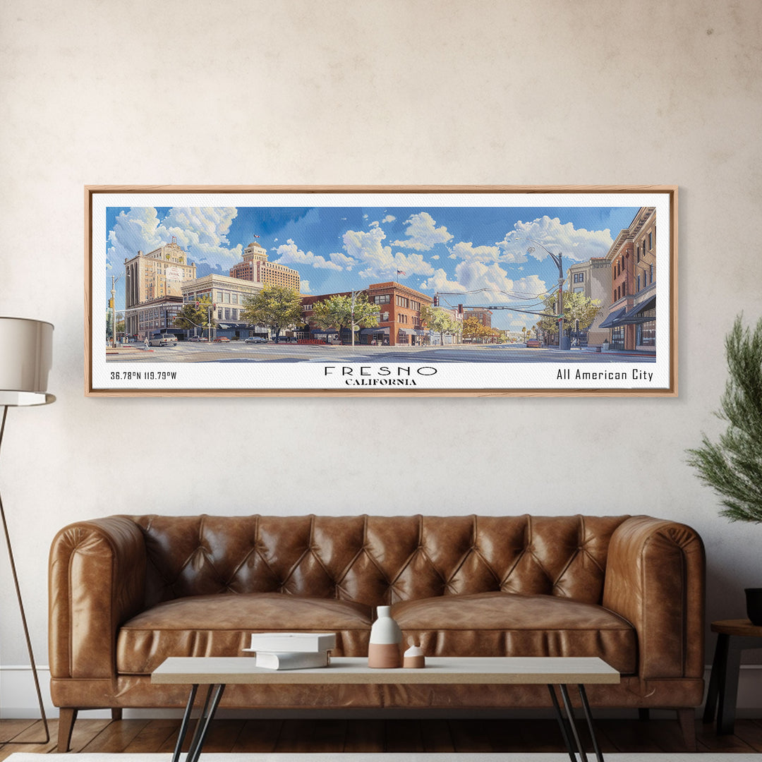 Fresno California Panoramic Watercolor Painting, Scenic Framed Canvas Print, Urban Wall Art for Living Room, Travel Decor, City Print, Gift Idea