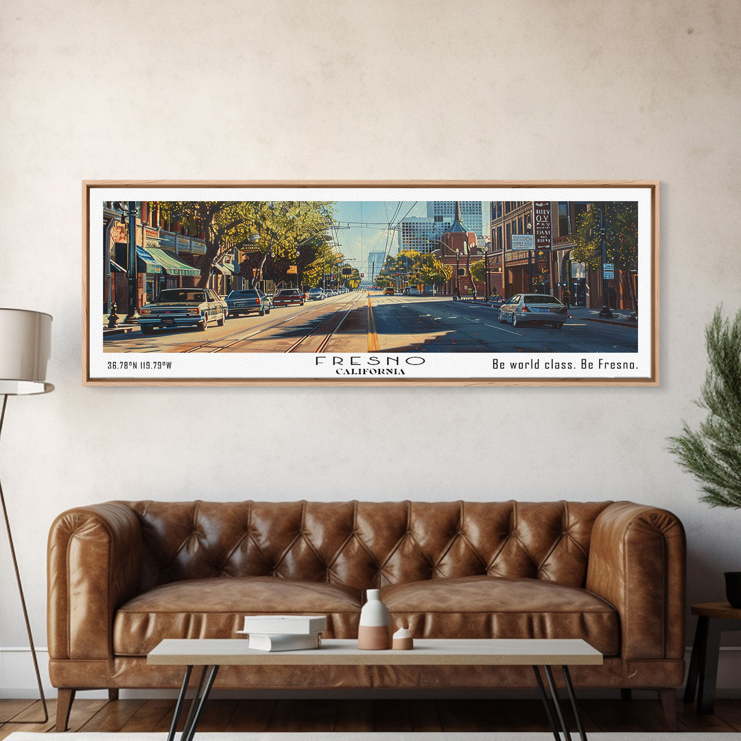 Fresno California Panoramic Watercolor Painting, Scenic Framed Canvas Print, Urban Wall Art for Living Room, Travel Decor, City Print, Gift Idea