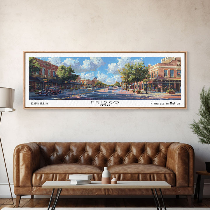 Frisco Texas Panoramic Watercolor Painting, Urban Framed Canvas Print, Cityscape Wall Art for Living Room, Travel Poster, Home Decor, City Gift Idea