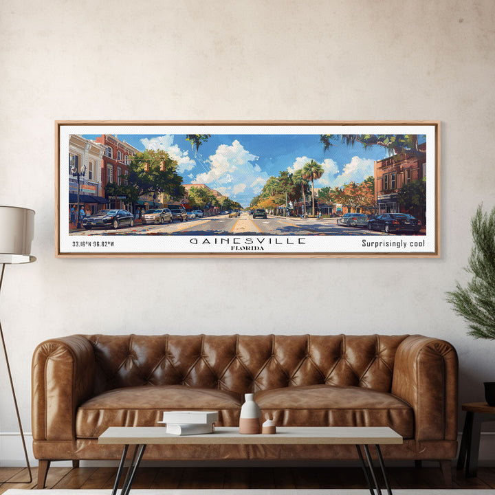 Gainesville Florida Panoramic Watercolor Painting, Urban Framed Canvas Print, Cityscape Wall Art for Office, Travel Decor, Home Gift Idea