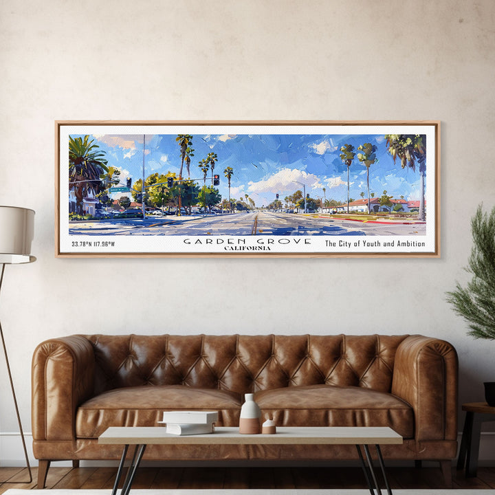 Garden Grove California Panoramic Watercolor Painting, Urban Framed Canvas Print, Cityscape Wall Art for Living Room, Travel Decor, Office Art, Gift Idea