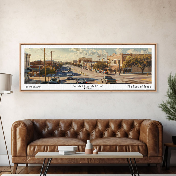 Garland Texas Panoramic Watercolor Painting, Urban Framed Canvas Print, Cityscape Wall Art for Living Room, Travel Decor, Home Gift Idea