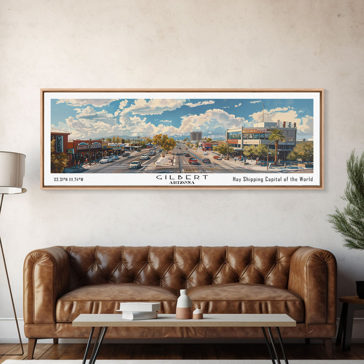 Gilbert Arizona Panoramic Watercolor Painting, Urban Framed Canvas Print, Cityscape Wall Art for Office, Travel Decor, Home Gift Idea