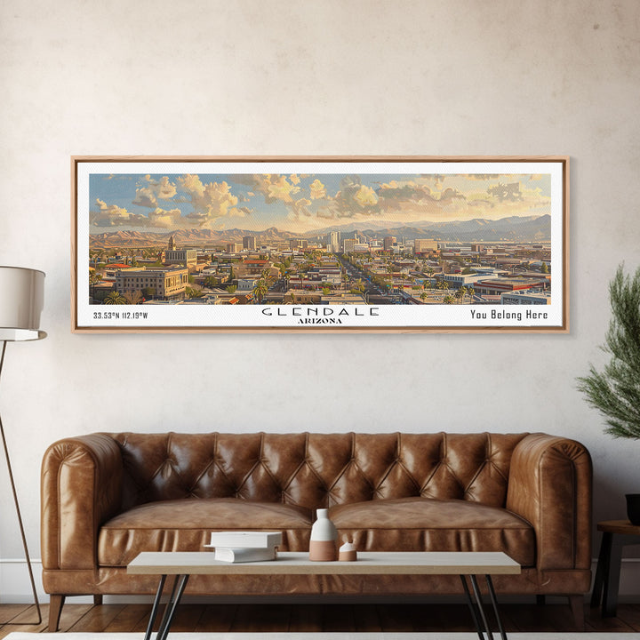 Glendale Arizona Panoramic Watercolor Painting, Urban Framed Canvas Print, Cityscape Wall Art for Living Room, Travel Poster, Home Decor, City Gift Idea