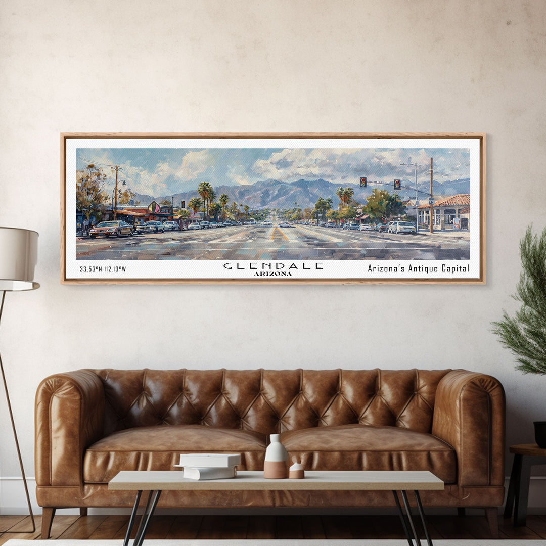 Glendale Arizona Panoramic Watercolor Painting, Urban Framed Canvas Print, Cityscape Wall Art for Office, Travel Decor, Home Gift Idea