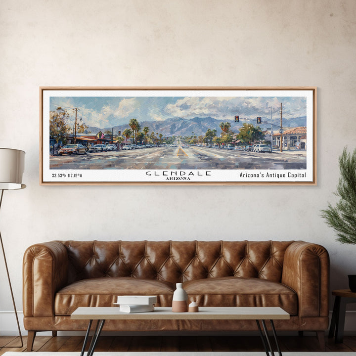 Glendale Arizona Panoramic Watercolor Painting, Urban Framed Canvas Print, Cityscape Wall Art for Office, Travel Decor, Home Gift Idea