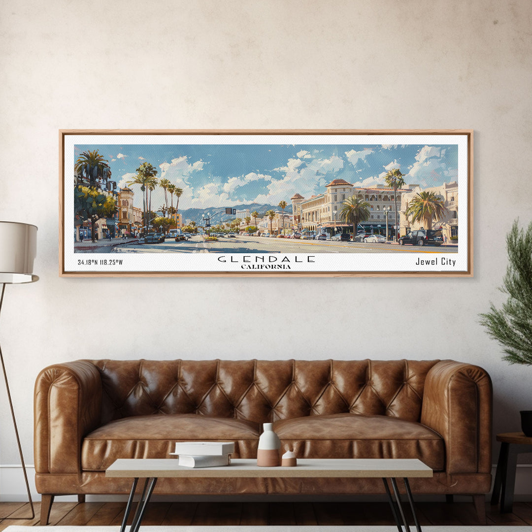 Glendale California Panoramic Watercolor Painting, Urban Framed Canvas Print, Cityscape Wall Art for Living Room, Travel Poster, Home Decor, City Gift Idea