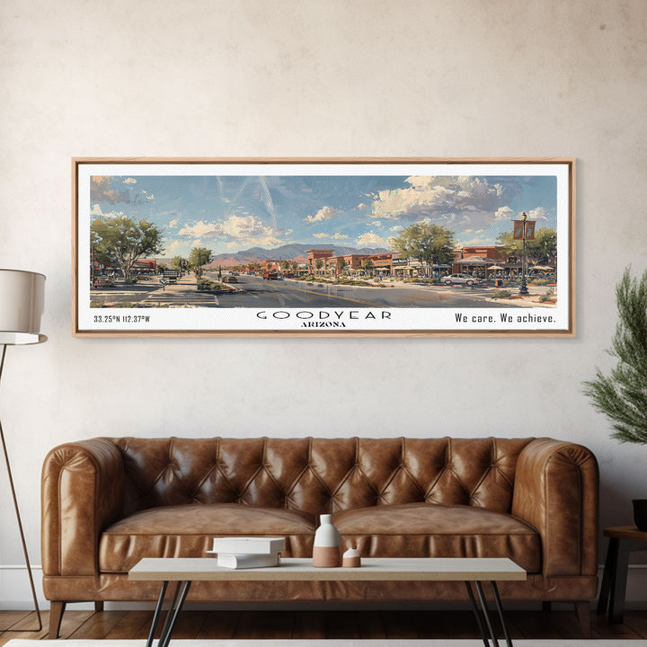 Goodyear Arizona Panoramic Watercolor Painting, Urban Framed Canvas Print, Cityscape Wall Art for Office, Travel Decor, Home Gift Idea