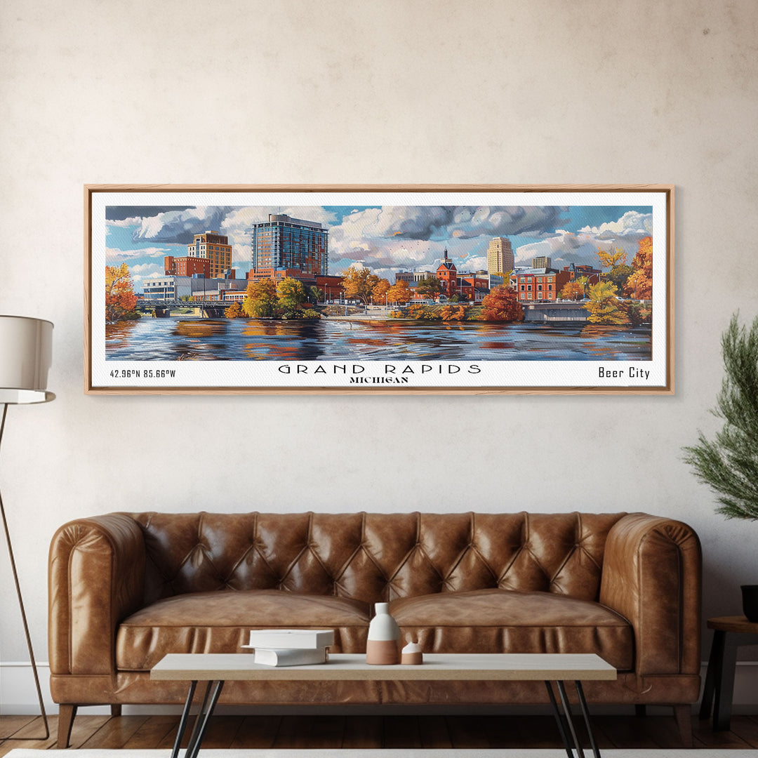 Grand Rapids Michigan Panoramic Watercolor Painting, Urban Framed Canvas Print, Cityscape Wall Art for Office, Travel Decor, Home Gift Idea
