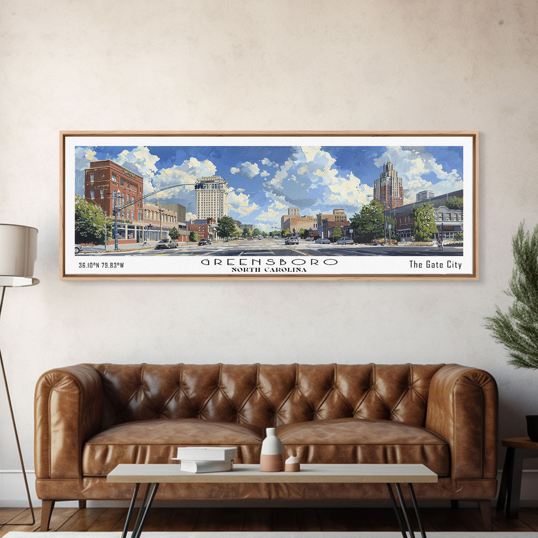 Greensboro North Carolina Panoramic Watercolor Painting, Urban Framed Canvas Print, Cityscape Wall Art for Office, Travel Decor, Home Gift Idea