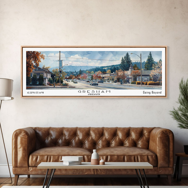 Gresham Oregon Panoramic Watercolor Painting, Urban Framed Canvas Print, Cityscape Wall Art for Living Room, Travel Decor, Home Gift Idea