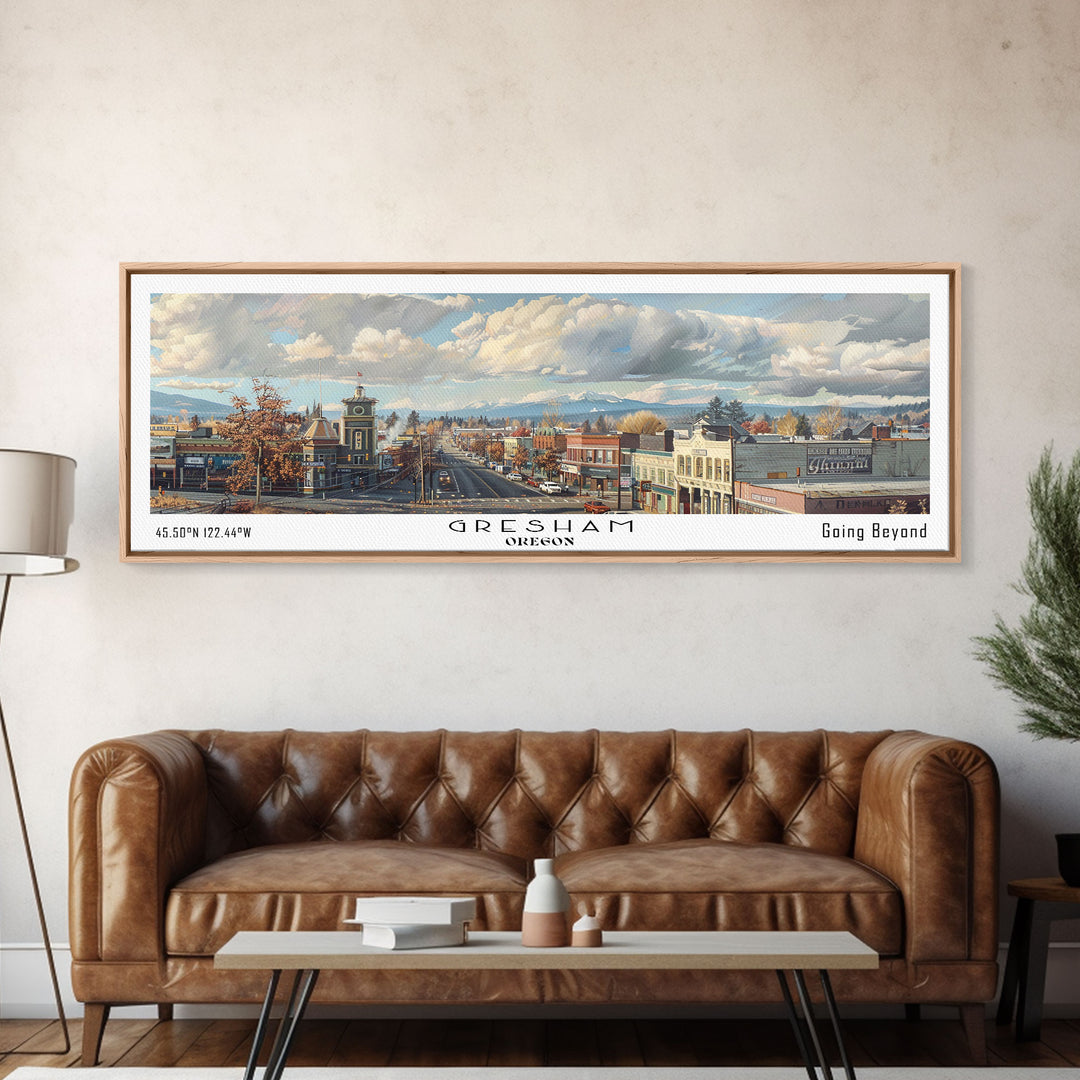 Gresham Oregon Panoramic Watercolor Painting, Urban Framed Canvas Print, Cityscape Wall Art for Office, Travel Decor, Home Gift Idea