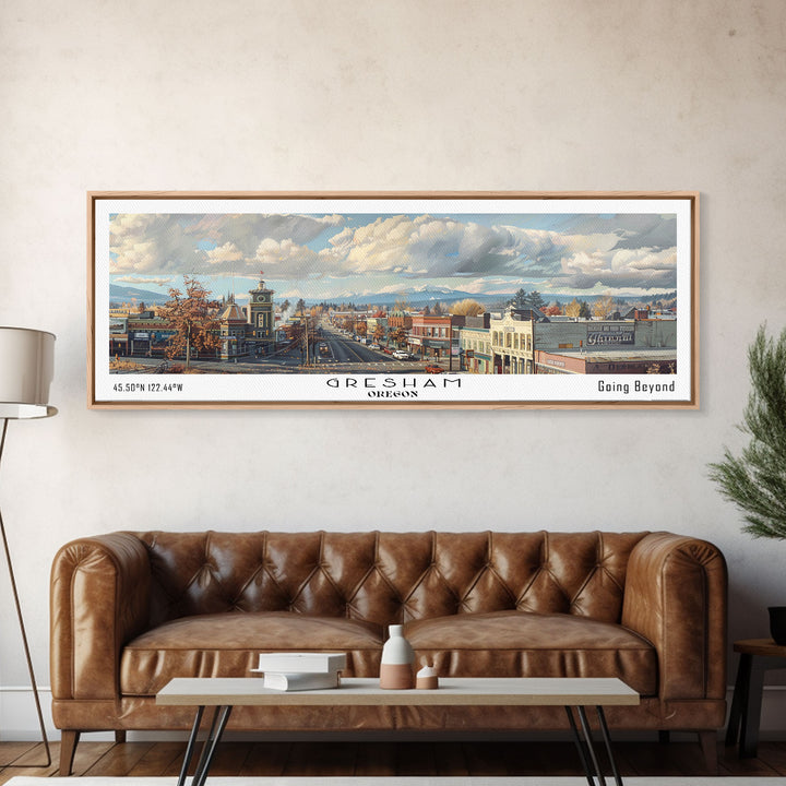 Gresham Oregon Panoramic Watercolor Painting, Urban Framed Canvas Print, Cityscape Wall Art for Office, Travel Decor, Home Gift Idea