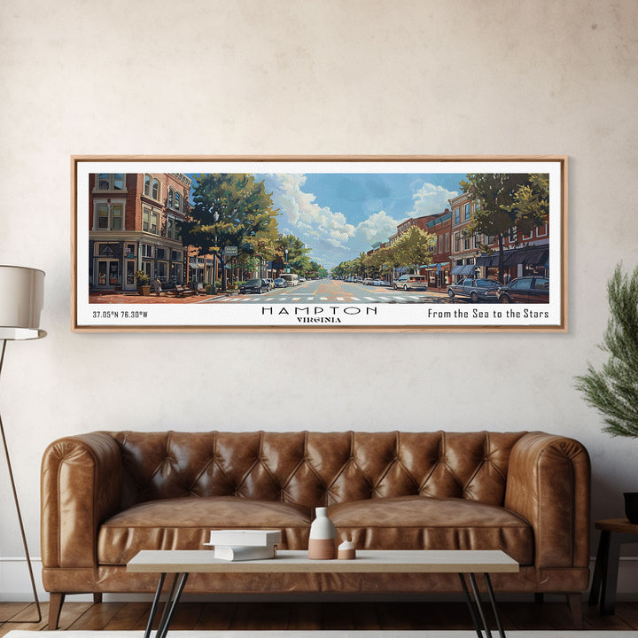 Hampton Virginia Panoramic Watercolor Painting, Urban Framed Canvas Print, Cityscape Wall Art for Living Room, Travel Poster, Home Decor, City Gift Idea