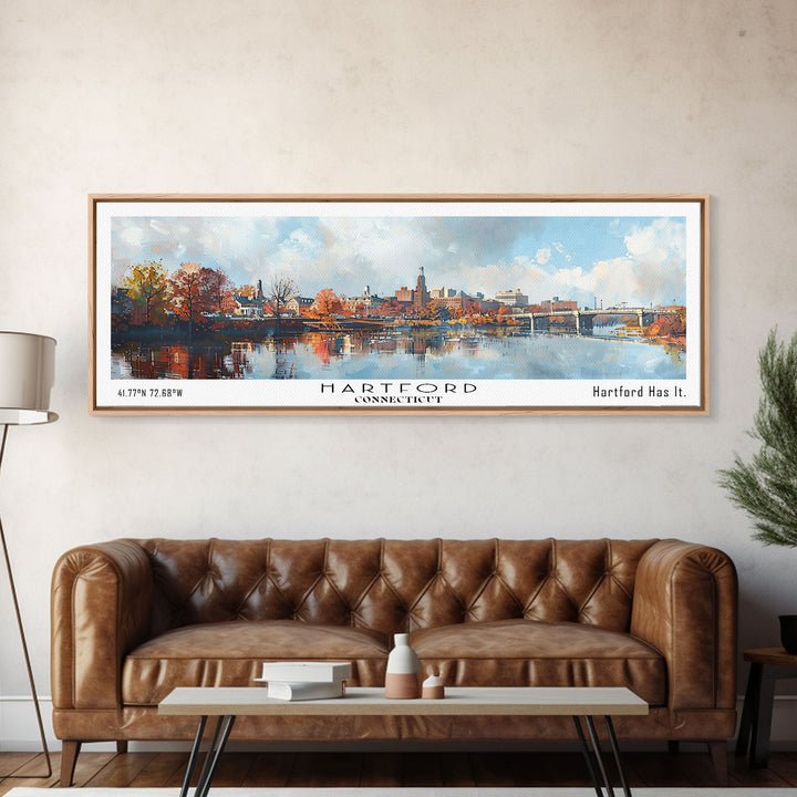 Hartford Connecticut Panoramic Watercolor Painting, Urban Framed Canvas Print, Cityscape Wall Art for Office, Travel Decor, Home Gift Idea
