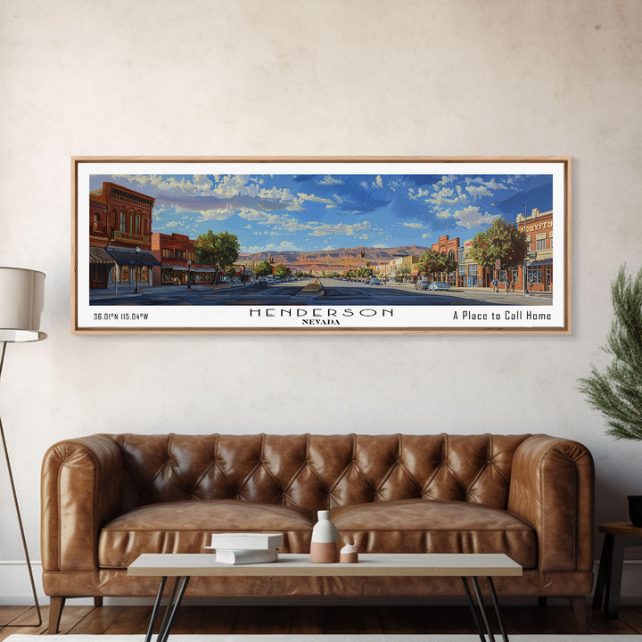 Henderson Nevada Panoramic Watercolor Painting, Urban Framed Canvas Print, Cityscape Wall Art for Office, Travel Decor, Home Gift Idea