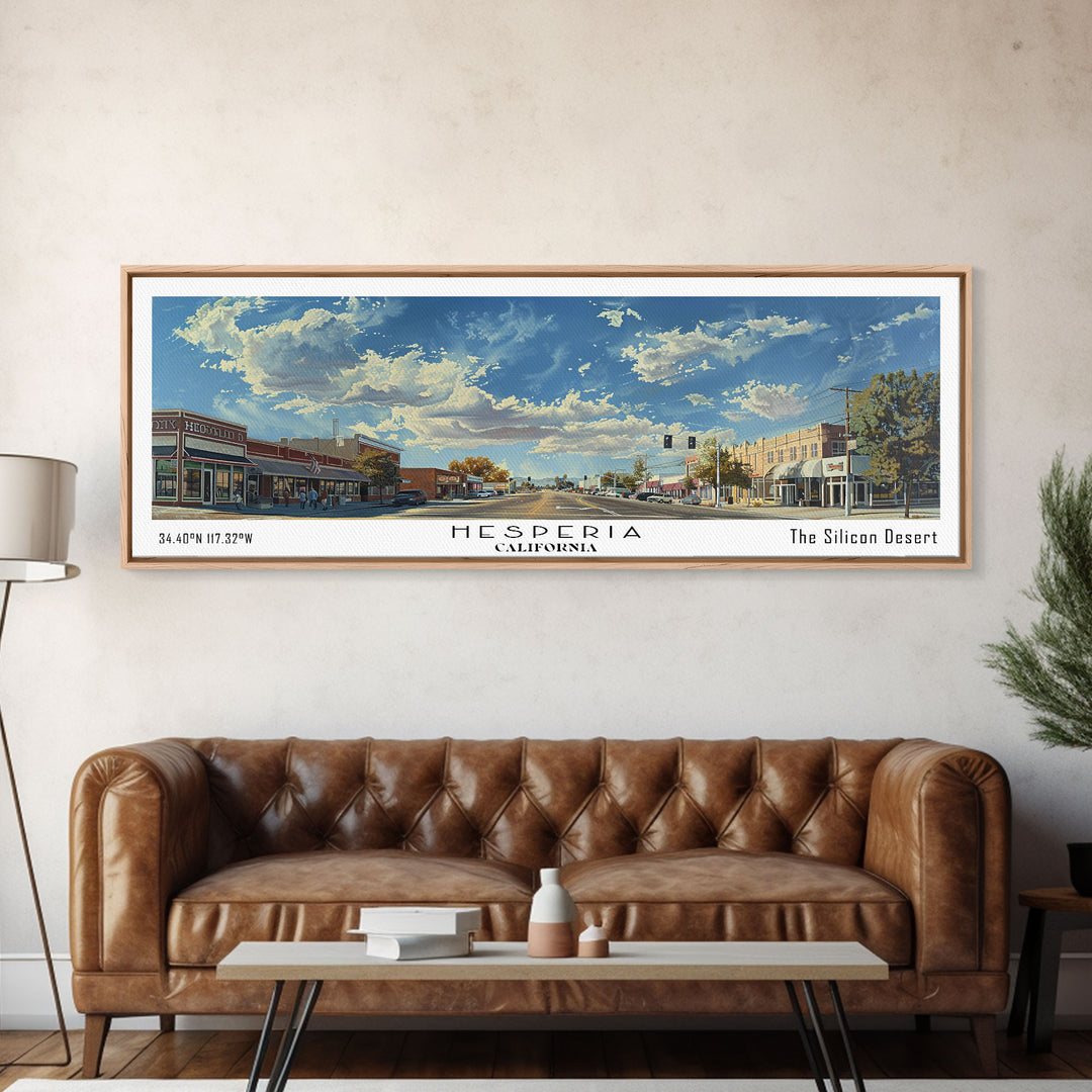 Hesperia California Panoramic Watercolor Painting, Urban Framed Canvas Print, Cityscape Wall Art for Living Room, Travel Poster, Home Decor, City Gift Idea