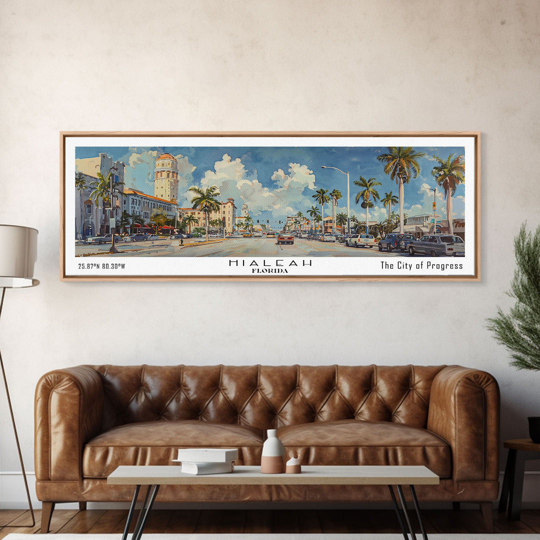 Hialeah Florida Panoramic Watercolor Painting, Urban Framed Canvas Print, Cityscape Wall Art for Office, Travel Decor, Home Gift Idea