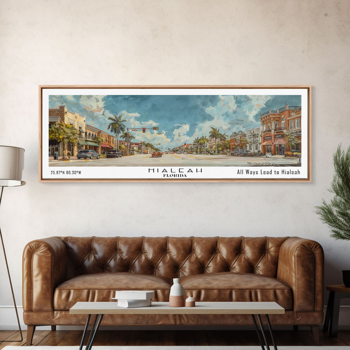 Hialeah Florida Panoramic Watercolor Painting, Urban Framed Canvas Print, Cityscape Wall Art for Living Room, Travel Decor, Home Gift Idea