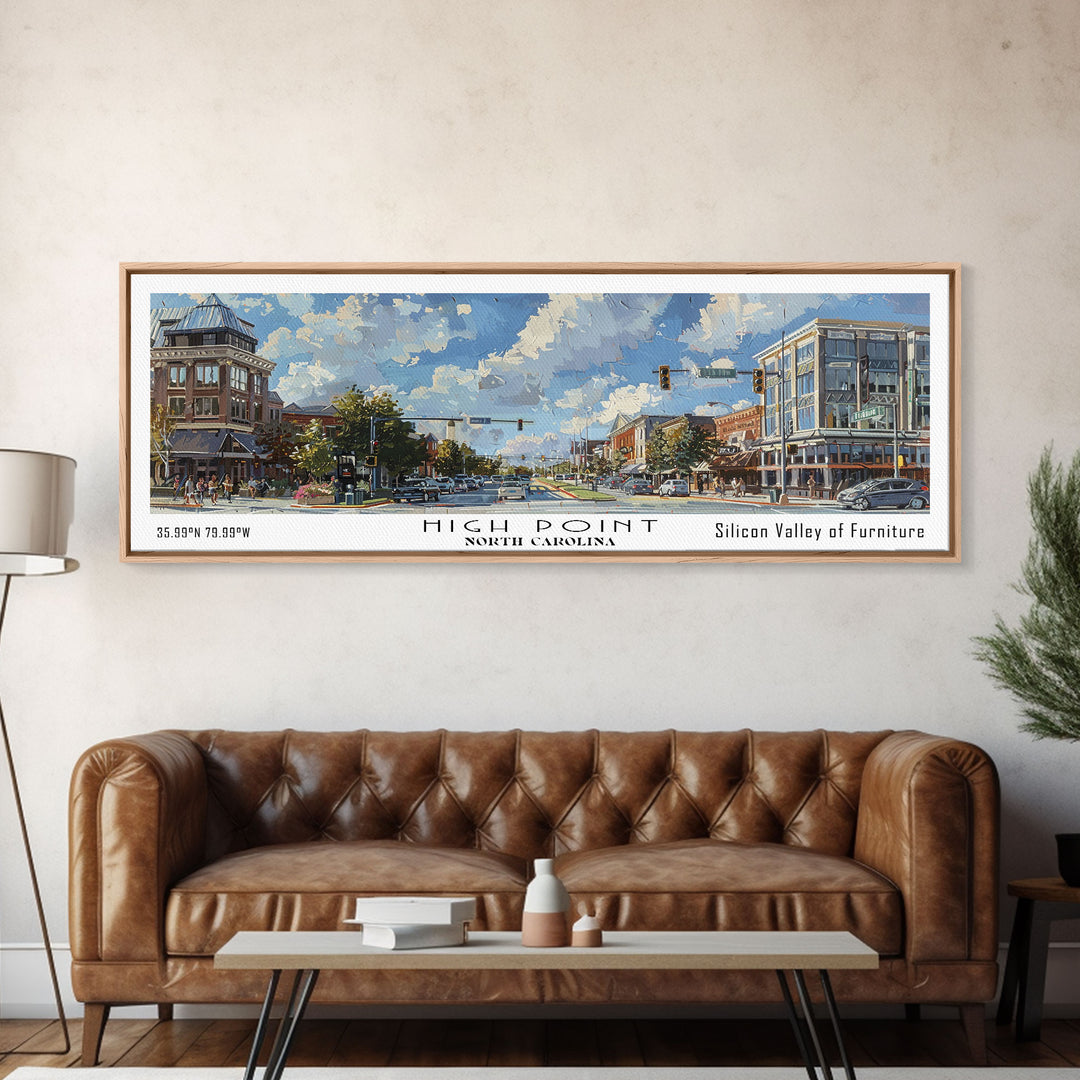 High Point North Carolina Panoramic Watercolor Painting, Urban Framed Canvas Print, Cityscape Wall Art for Office, Travel Decor, Home Gift Idea