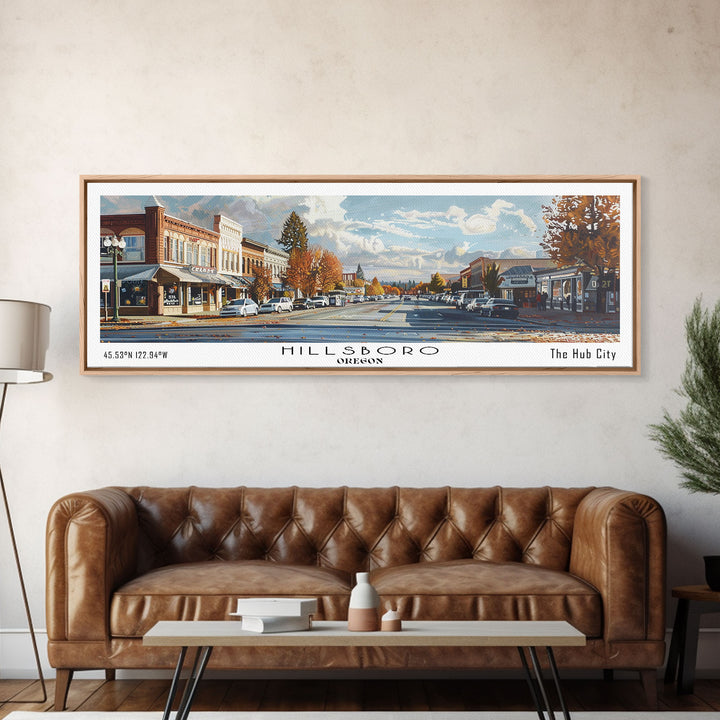 Hillsboro Oregon Panoramic Watercolor Painting, Urban Framed Canvas Print, Cityscape Wall Art for Office, Travel Decor, Home Gift Idea