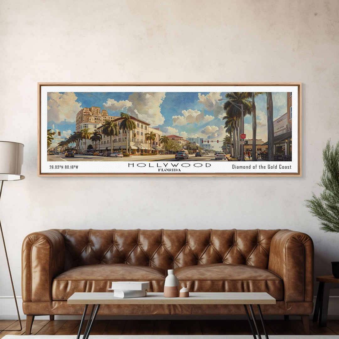 Hollywood Florida Panoramic Watercolor Painting, Urban Framed Canvas Print, Cityscape Wall Art for Living Room, Travel Poster, Home Decor, City Gift Idea