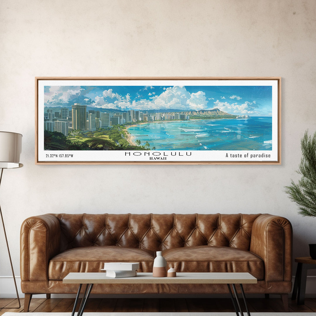 Honolulu Hawaii Panoramic Watercolor Painting, Urban Framed Canvas Print, Cityscape Wall Art for Office, Travel Decor, Home Gift Idea