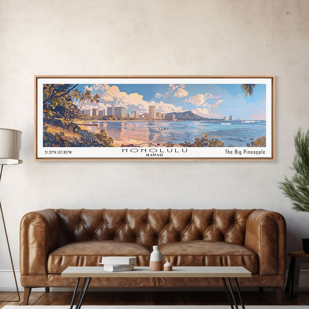 Honolulu Hawaii Panoramic Watercolor Painting, Urban Framed Canvas Print, Cityscape Wall Art for Office, Travel Decor, Home Gift Idea