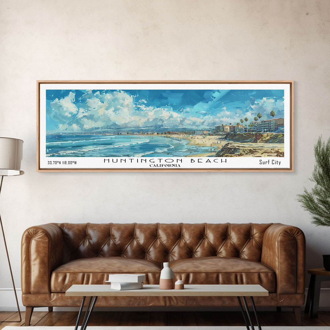 Huntington Beach California Panoramic Watercolor Painting, Urban Framed Canvas Print, Cityscape Wall Art for Office, Travel Decor, Home Gift Idea