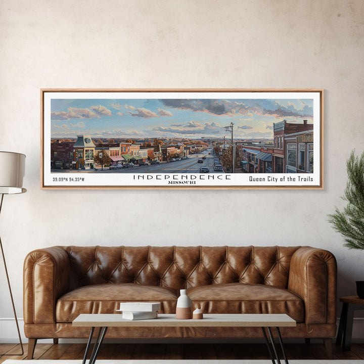 Independence Missouri Panoramic Watercolor Painting, Urban Framed Canvas Print, Cityscape Wall Art for Living Room, Travel Decor, Home Gift Idea