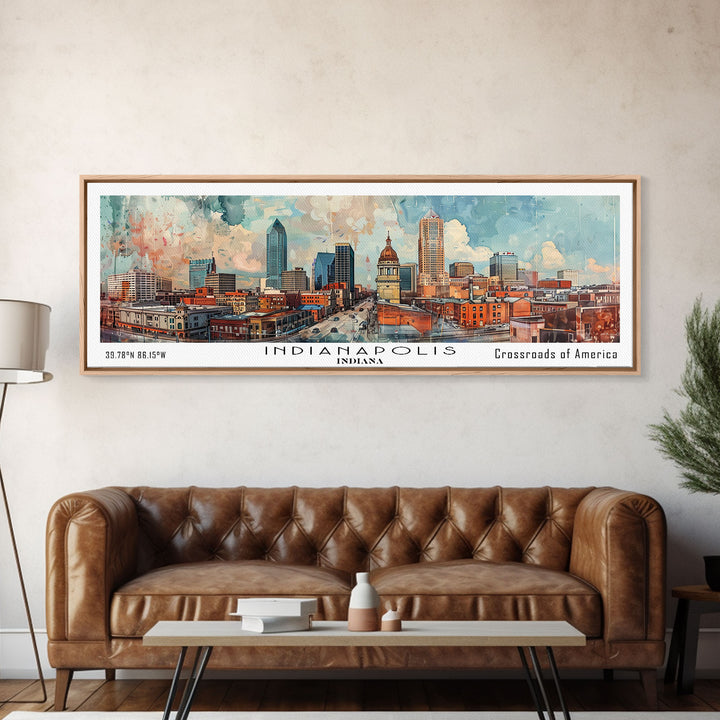 Indianapolis Indiana Panoramic Watercolor Painting, Urban Framed Canvas Print, Cityscape Wall Art for Office, Travel Decor, Home Gift Idea