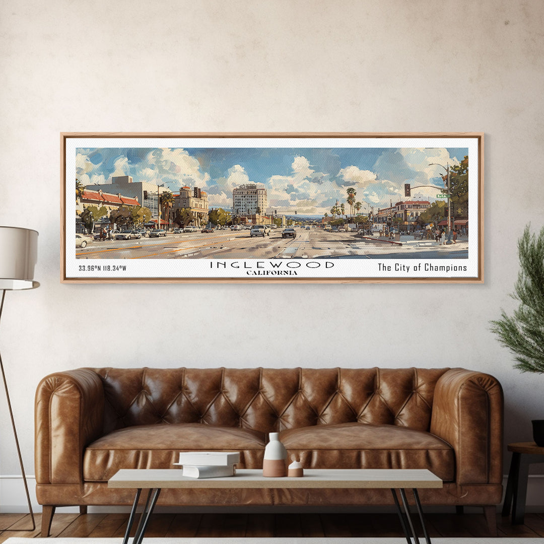 Inglewood California Panoramic Watercolor Painting, Urban Framed Canvas Print, Cityscape Wall Art for Office, Travel Decor, Home Gift Idea