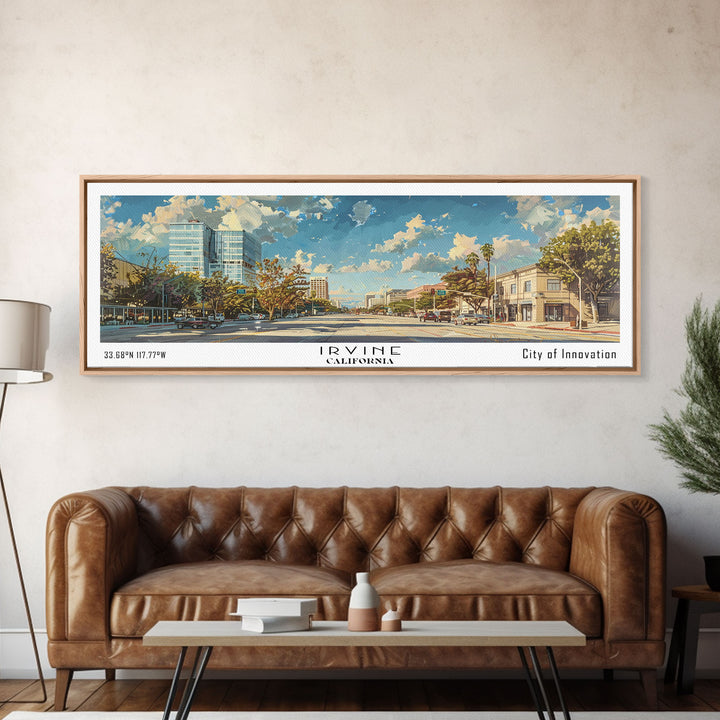 Irvine California Panoramic Cityscape Painting, Framed Canvas Print for Home, Office Wall Art, Urban Decor, Watercolor Travel Poster