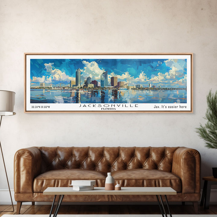 Jacksonville Florida Panoramic Watercolor City Painting, Framed Canvas Print for Home, Urban Decor, Office Art, Travel Poster
