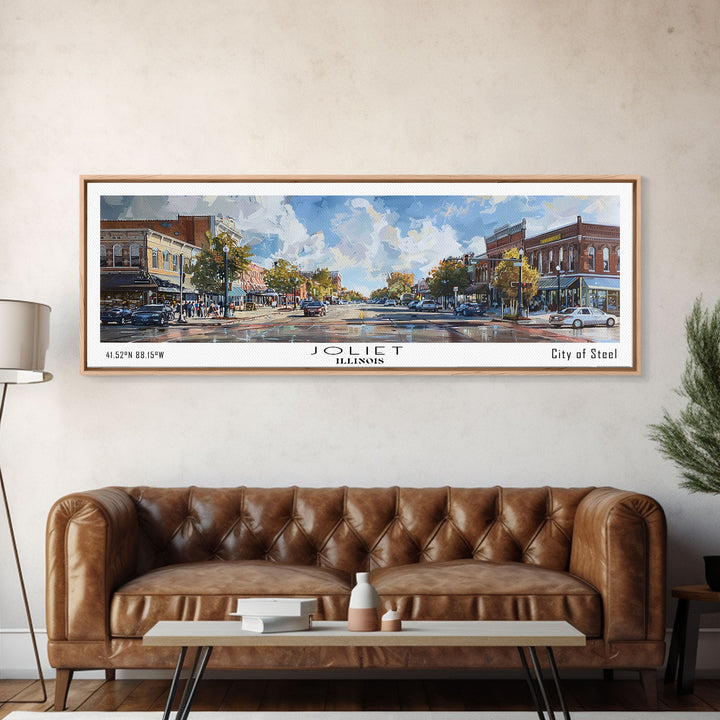 Joliet Illinois Panoramic Cityscape Wall Art, Watercolor Framed Canvas Print, Urban Painting for Living Room, Office Decor, Travel Poster