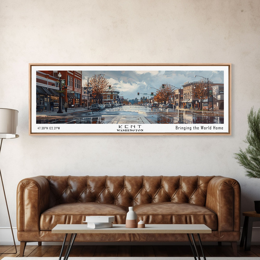 Kent Washington Panoramic Cityscape Wall Art, Watercolor Framed Canvas Print, Urban Painting for Living Room, Office Decor, Travel Poster
