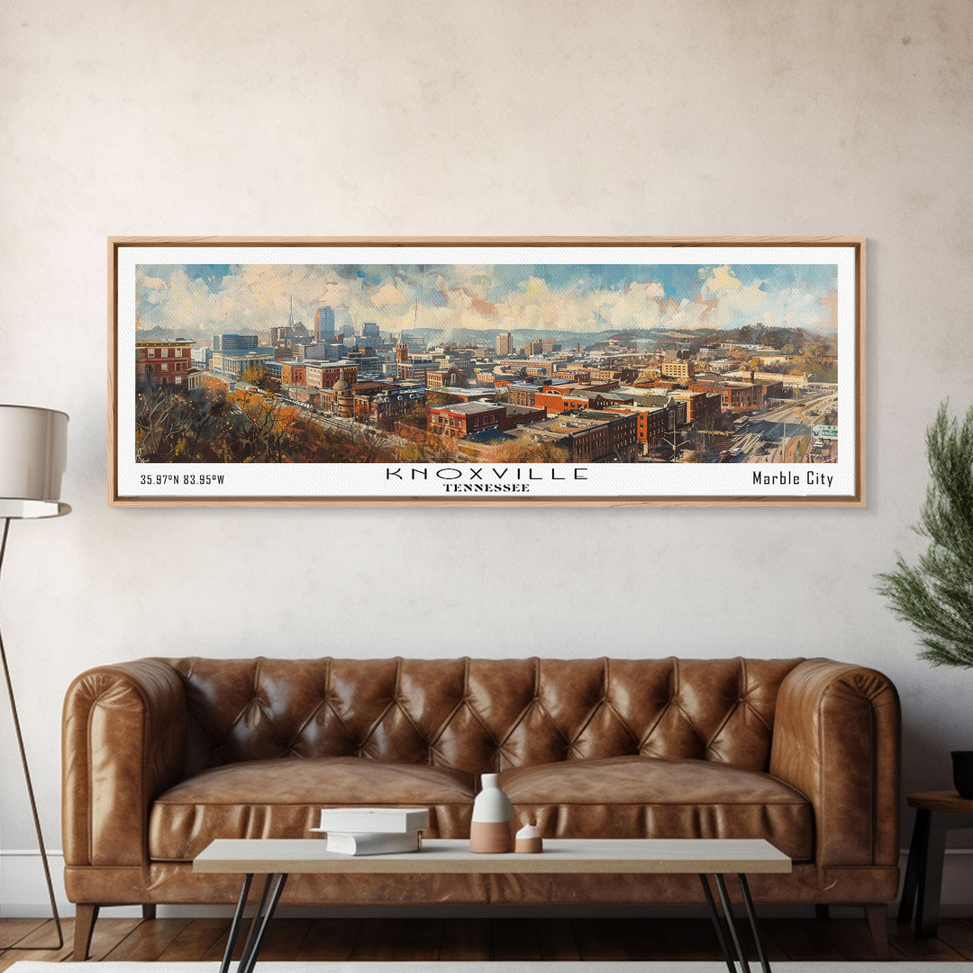 Knoxville Tennessee Panoramic Watercolor Cityscape, Framed Canvas Print for Living Room, Office Wall Art, Urban Decor, Travel Poster