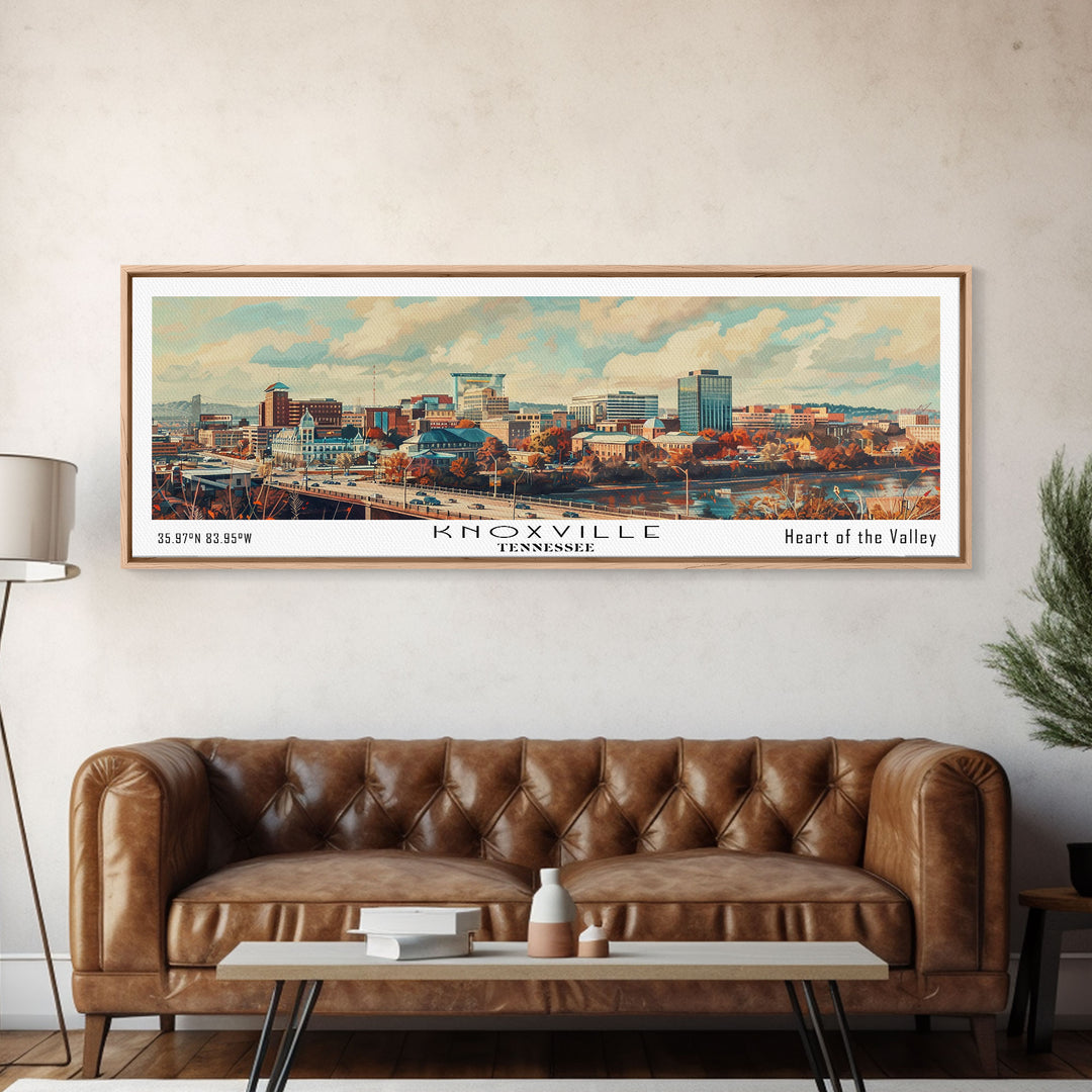 Knoxville Tennessee Panoramic Cityscape Wall Art, Watercolor Framed Canvas Print, Urban Painting for Living Room, Office Decor, Travel Poster
