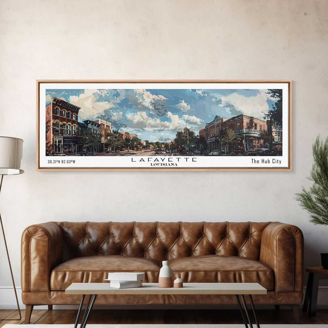 Lafayette Louisiana Panoramic Watercolor Cityscape, Framed Canvas Print for Living Room, Office Wall Art, Urban Decor, Travel Poster