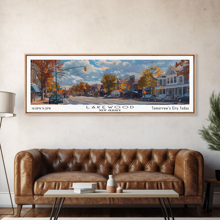 Lakewood New Jersey Panoramic Watercolor Cityscape, Framed Canvas Print for Living Room, Office Wall Art, Urban Decor, Travel Poster