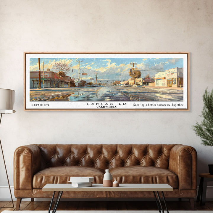 Lancaster California Panoramic Cityscape Wall Art, Watercolor Framed Canvas Print, Urban Painting for Living Room, Office Decor, Travel Poster
