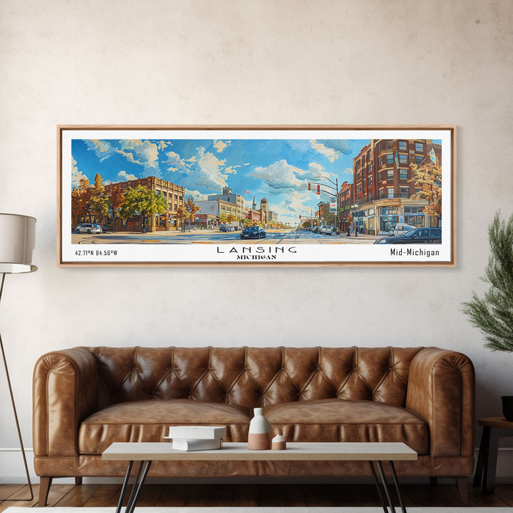 Lansing Michigan Panoramic Cityscape Wall Art, Watercolor Framed Canvas Print, Urban Painting for Living Room, Office Decor, Travel Poster