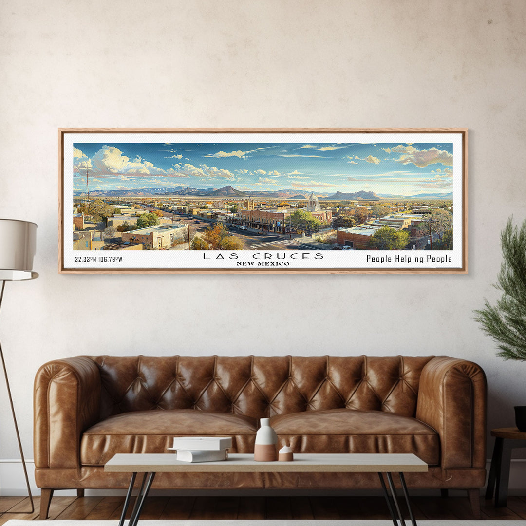 Las Cruces New Mexico Panoramic Cityscape Wall Art, Watercolor Framed Canvas Print, Urban Painting for Living Room, Office Decor, Travel Poster